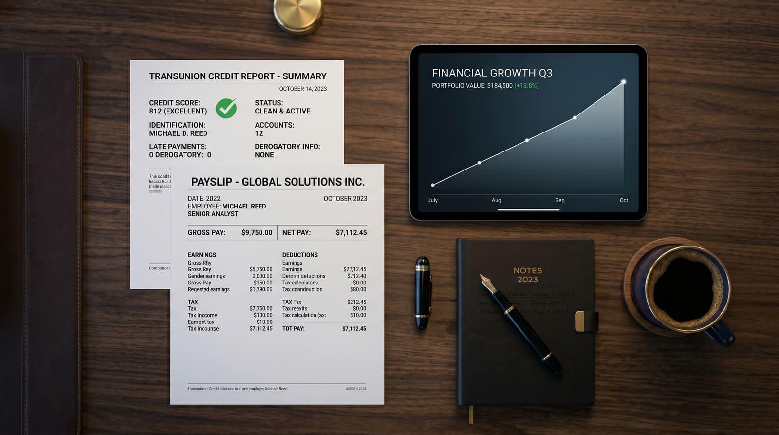 Eleganter Schreibtisch mit Gehaltsnachweis, sauberer Schufa-Auskunft und steigendem Diagramm auf einem Tablet als Sinnbild für Bonität statt Bargeld