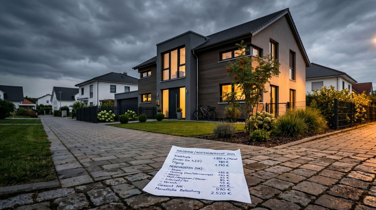 Modernes Einfamilienhaus mit einer Aufstellung der versteckten Kosten, Nebenkosten und Zinsen im Vordergrund