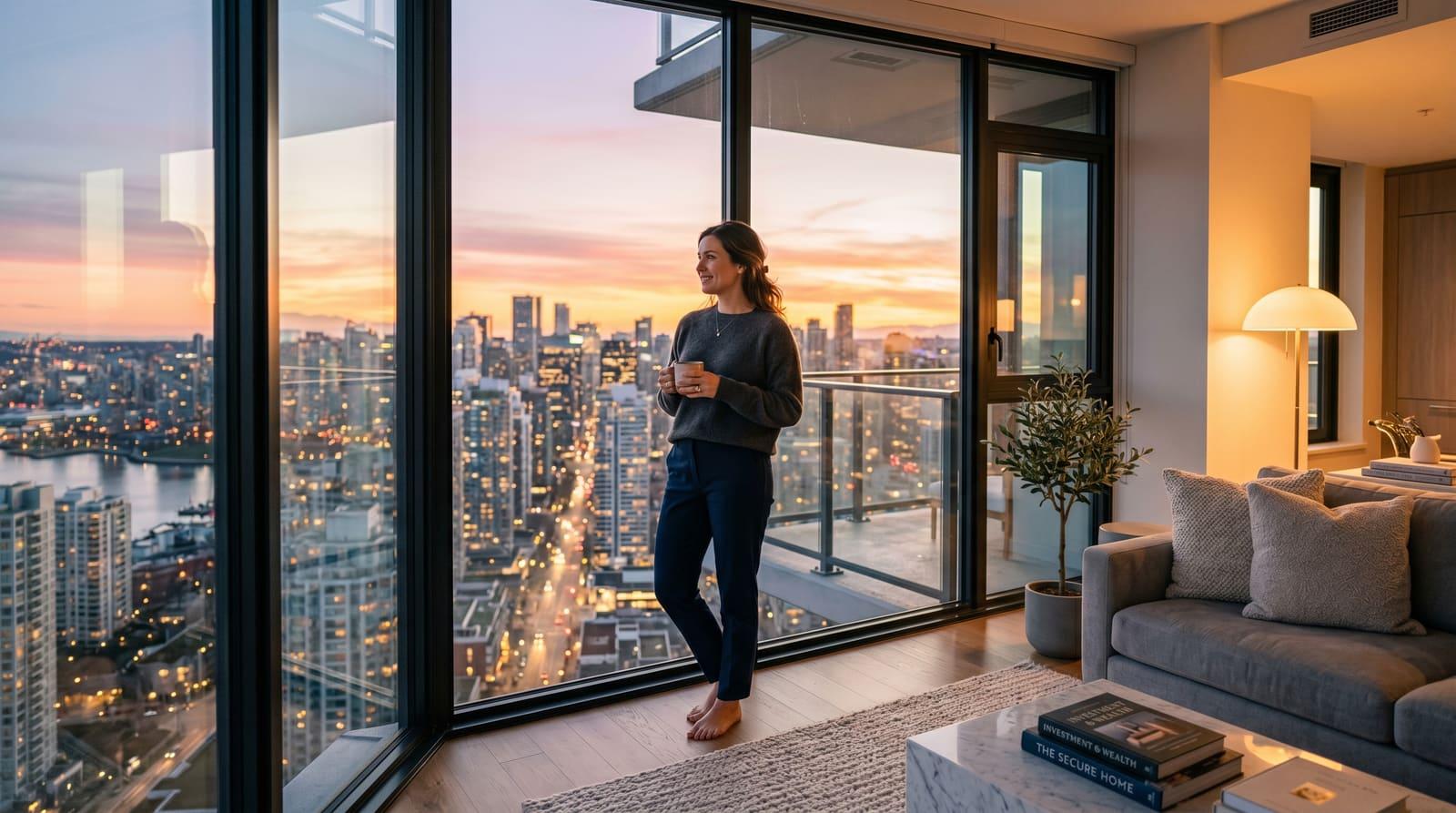 Mensch steht ruhig am Fenster einer hellen modernen Eigentumswohnung mit Blick über die Stadt bei Sonnenuntergang