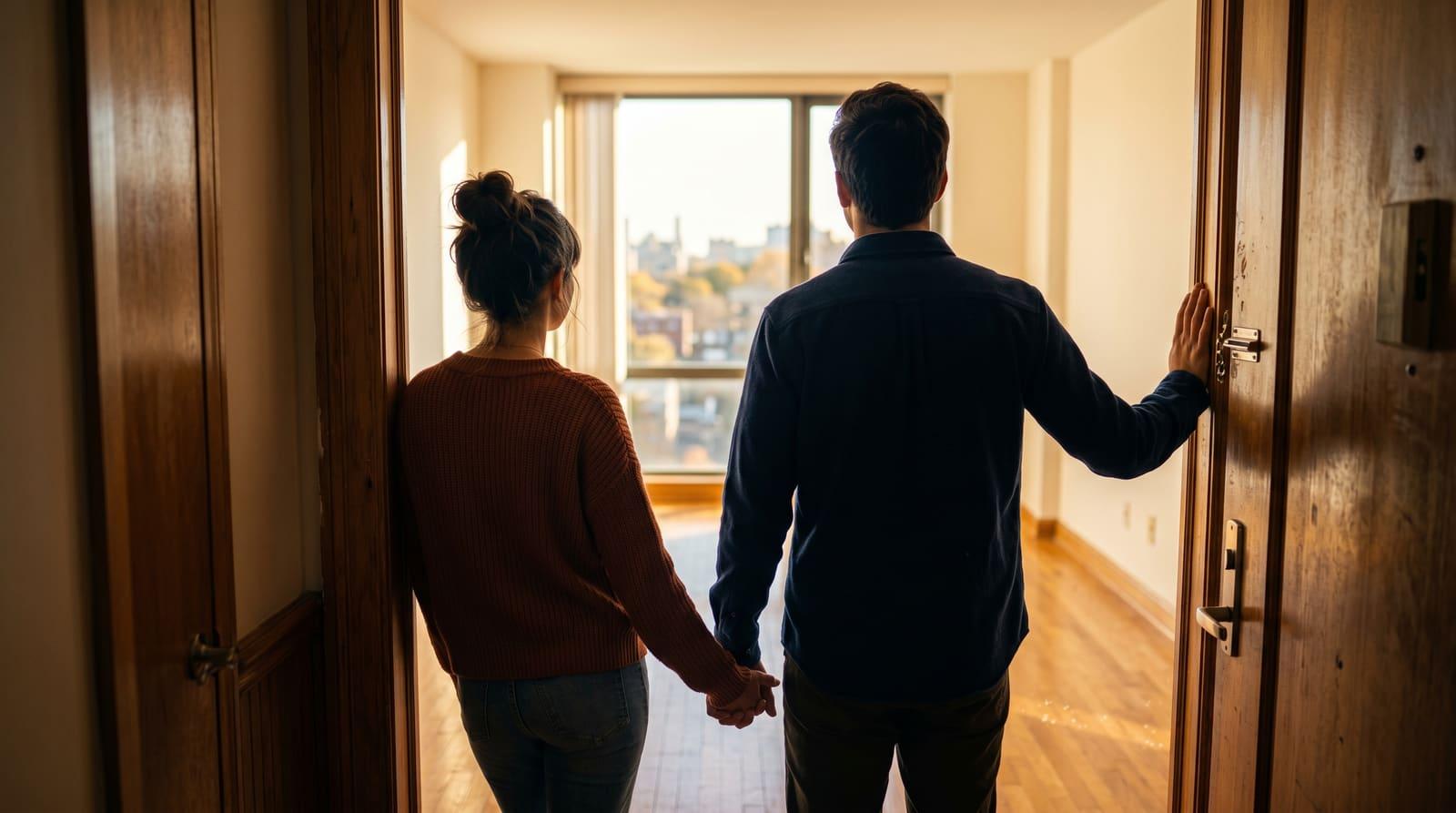 Paar steht in einer offenen Wohnungstür und blickt in einen hellen, leeren Raum voller Möglichkeiten