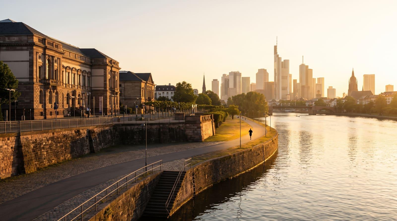 Die Frankfurter Mainuferpromenade mit Skyline als Sinnbild für den gut vorbereiteten Weg zur ersten Immobilie