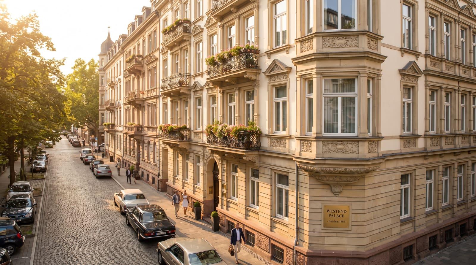 Elegante Gründerzeit-Altbaufassade im Frankfurter Westend in warmem Licht als Sinnbild für die Belohnung einer starken Einstufung bei der Bank
