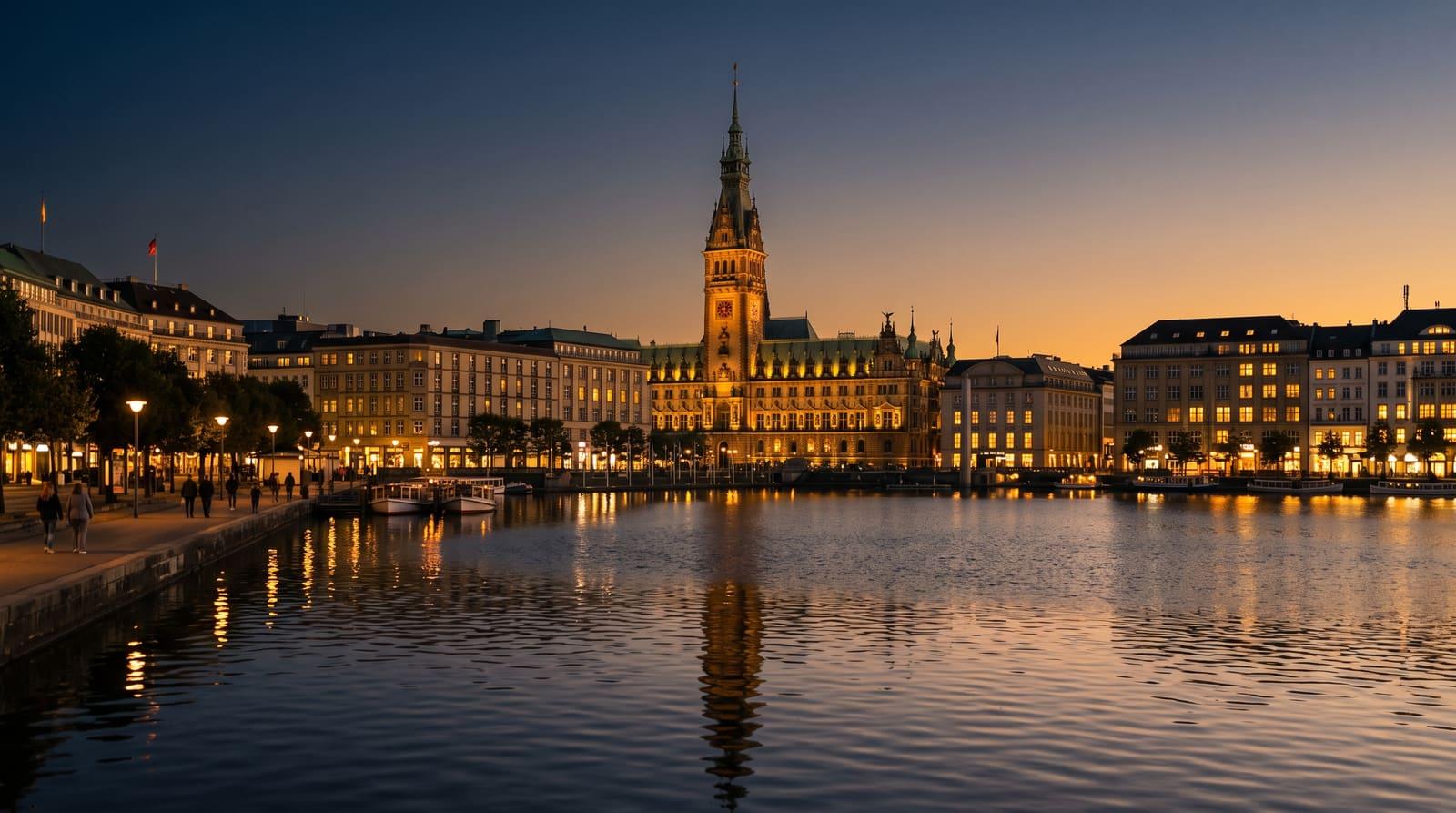 Blick über die Binnenalster auf das Hamburger Rathaus und die Fassaden am Wasser im warmen Abendlicht als Sinnbild für ein erreichbares Zuhause nach bestandener Prüfung