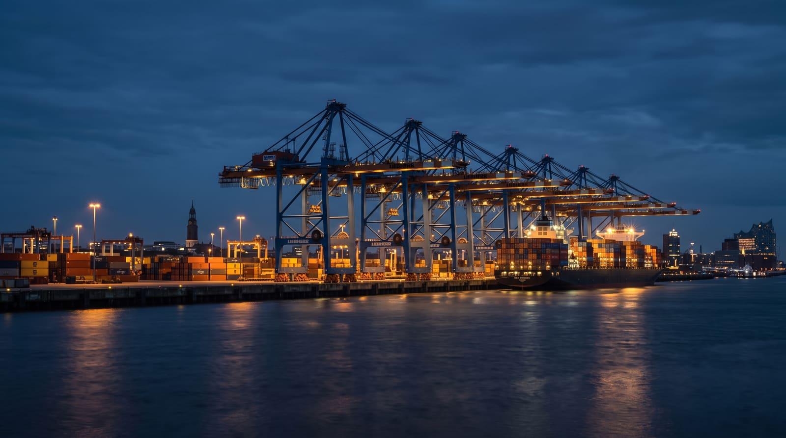 Containerbrücken und Kräne im Hamburger Hafen in der blauen Stunde, Sinnbild für eine Prüfung, die Station für Station abgearbeitet wird