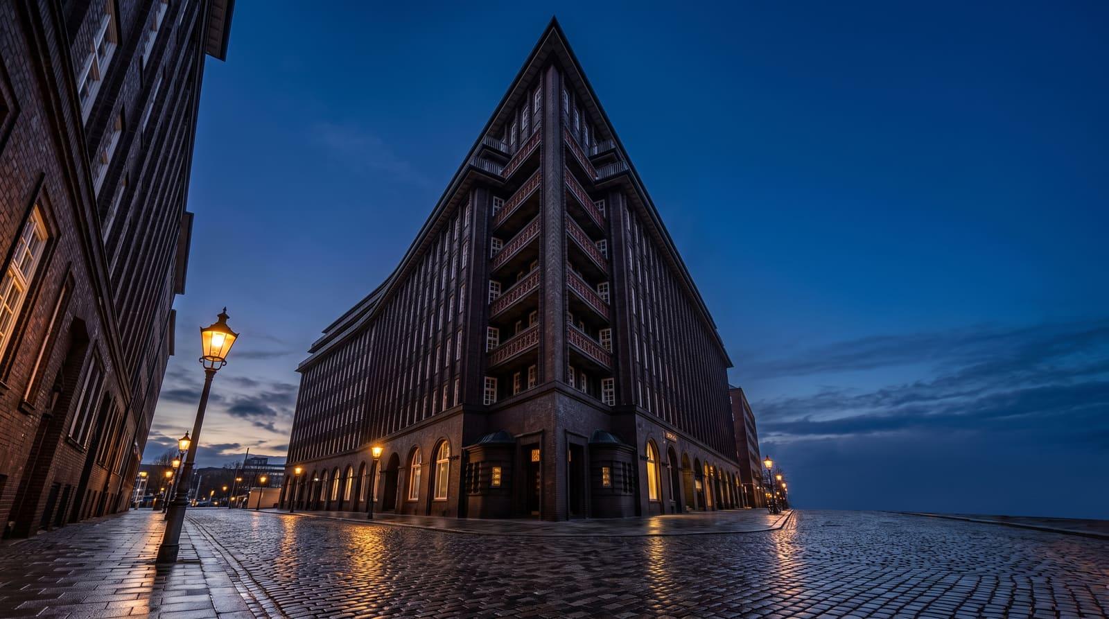 Das Chilehaus im Hamburger Kontorhausviertel mit seiner spitzen Backsteinkante im Abendlicht als Sinnbild für gewachsene kaufmännische Kreditwürdigkeit