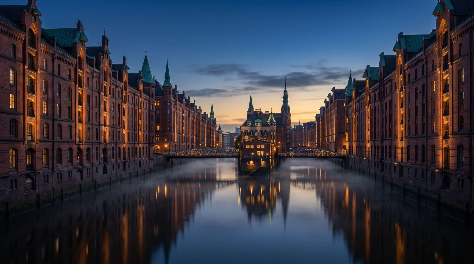 Die Hamburger Speicherstadt mit ihren Backsteinspeichern und Fleeten in der blauen Stunde als Sinnbild für die Prüfung von Kreditwürdigkeit in einer alten Handelsstadt