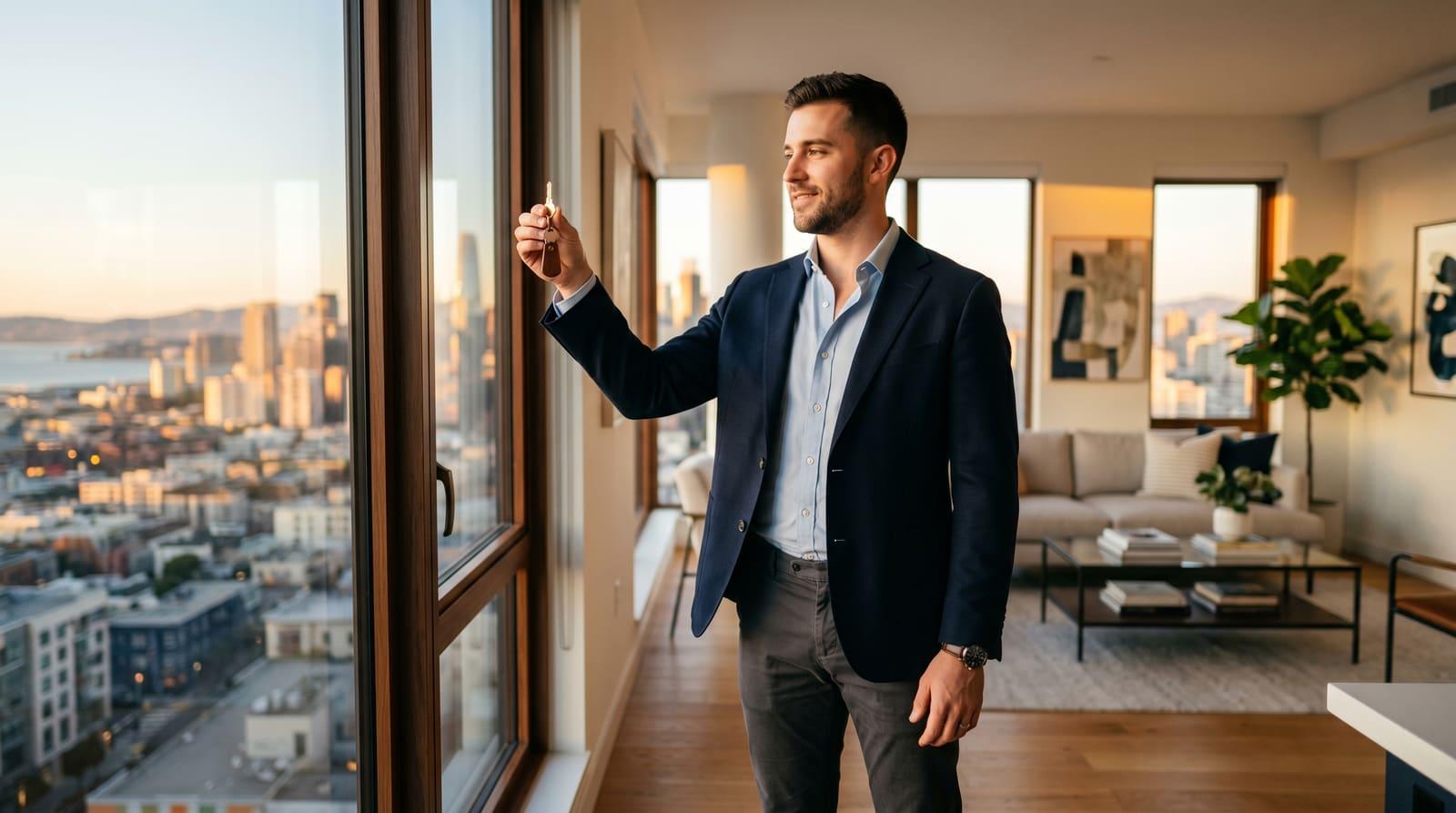 Selbstbewusster junger Angestellter hält in einer hellen modernen Wohnung einen Schlüssel ins Fensterlicht, Sinnbild für den Immobilienkauf ohne klassisches Eigenkapital