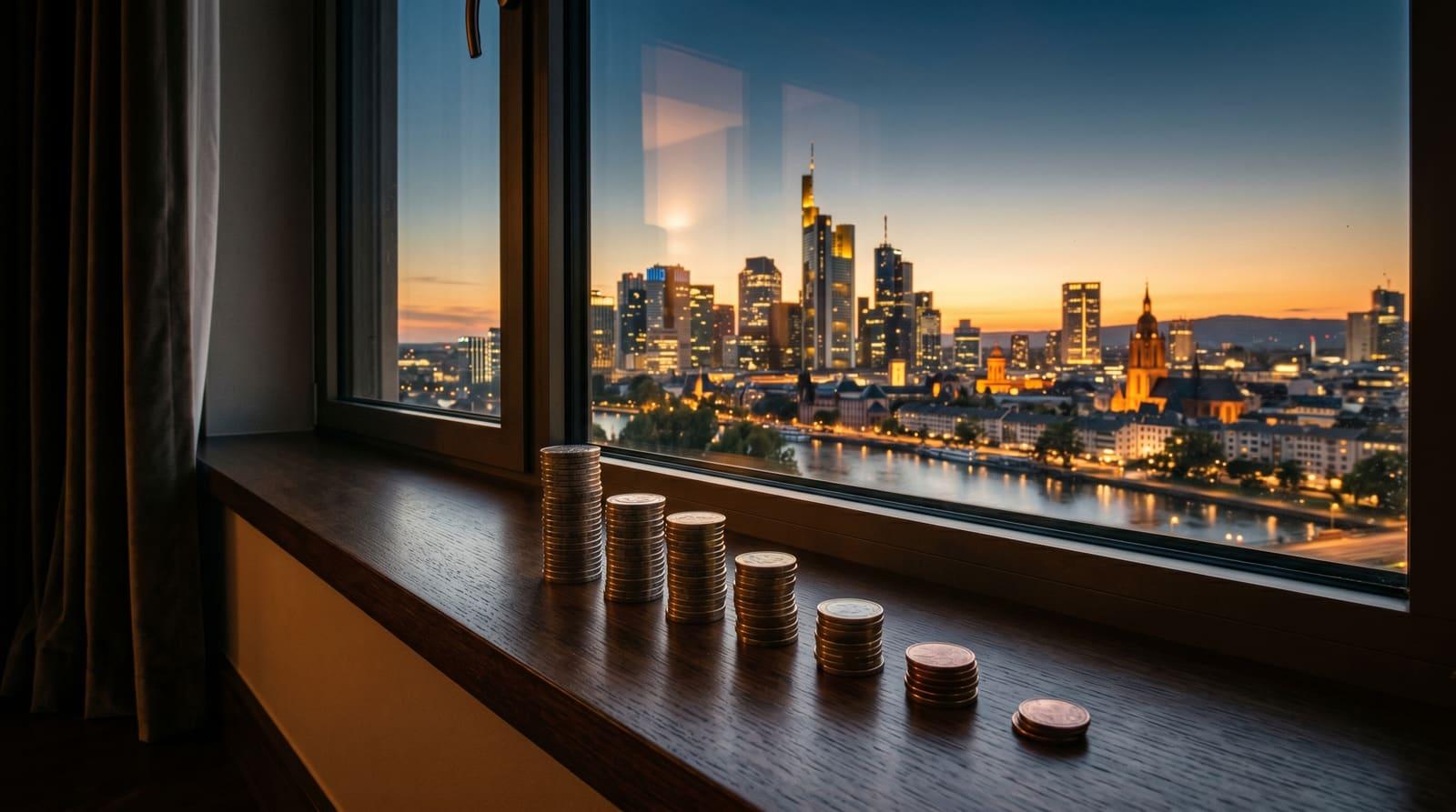 Münzstapel auf der Fensterbank einer hochwertigen Wohnung mit Frankfurter Skyline in der goldenen Stunde, die Stapel werden nach hinten kleiner – Sinnbild für schwindende Kaufkraft