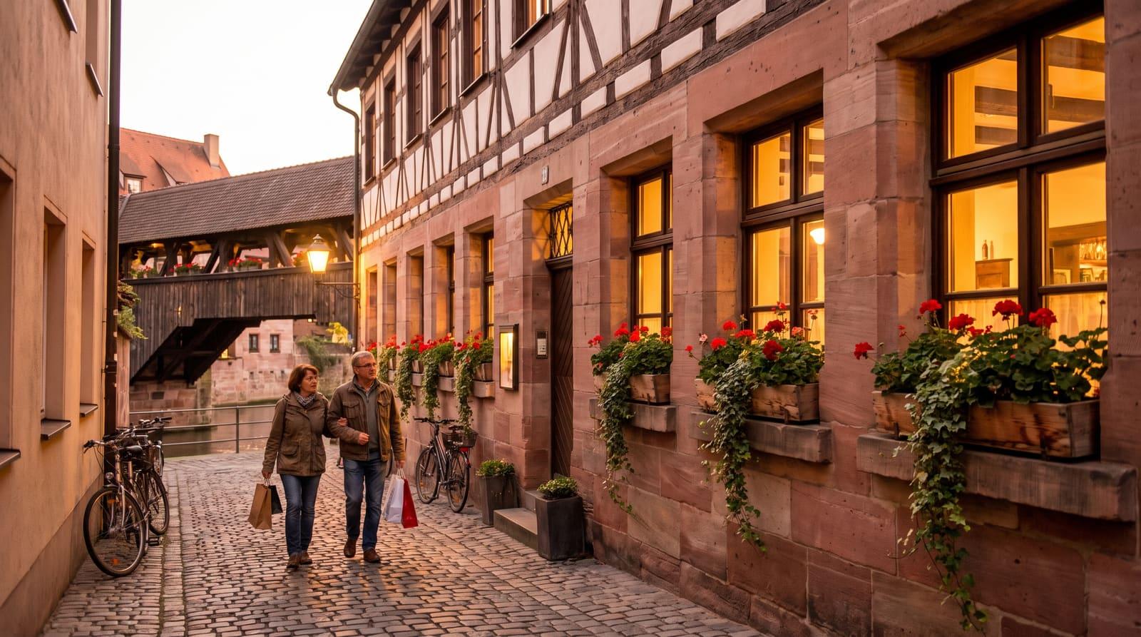 Charmante fränkische Sandstein- und Fachwerkfassade mit Blumenkästen entlang der Pegnitz in warmem Abendlicht als Sinnbild für die greifbare erste eigene Wohnung