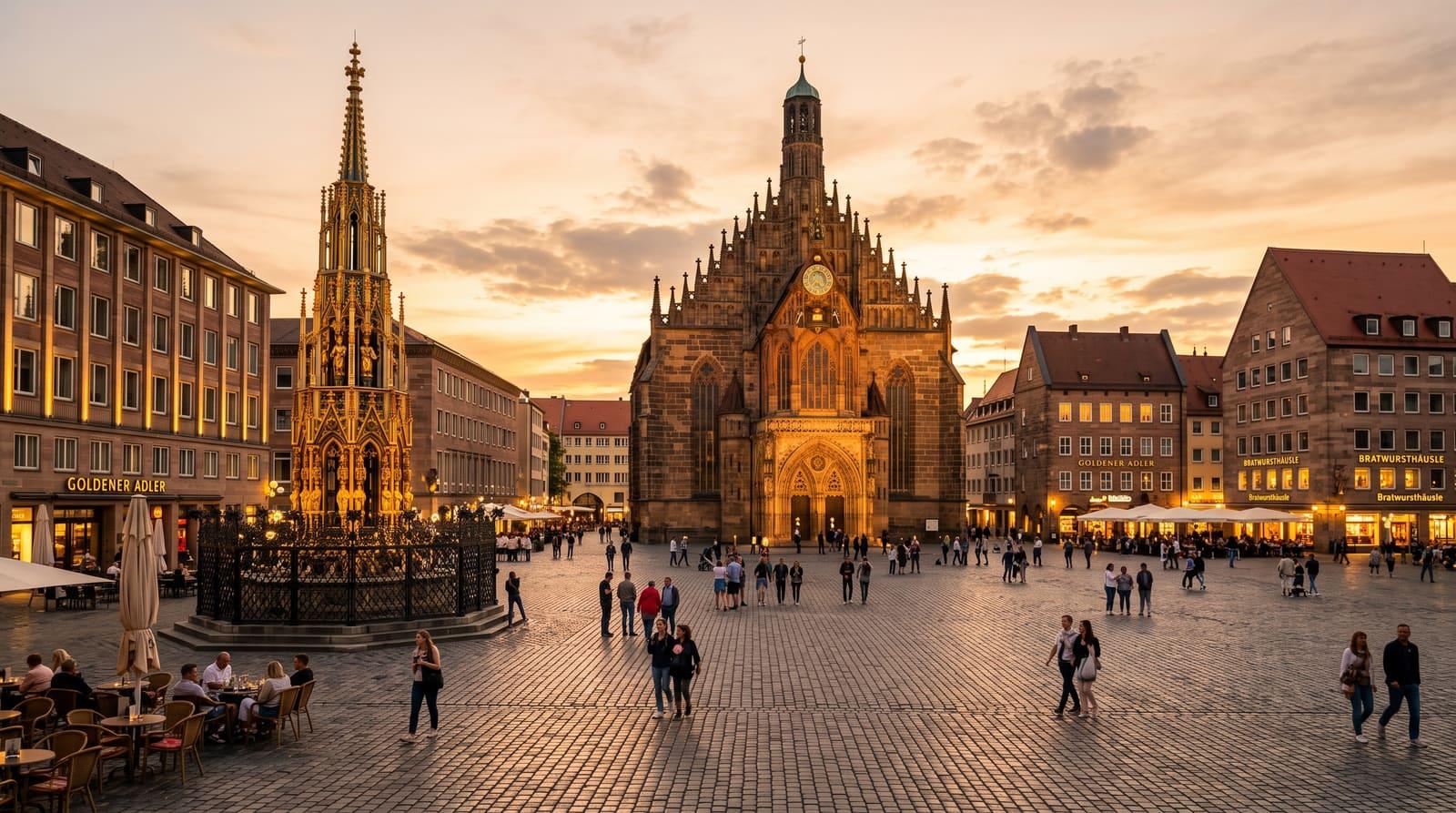 Der Nürnberger Hauptmarkt mit Frauenkirche und Schönem Brunnen im goldenen Abendlicht als Sinnbild für eine Stadt, die ein normales Einkommen erreicht