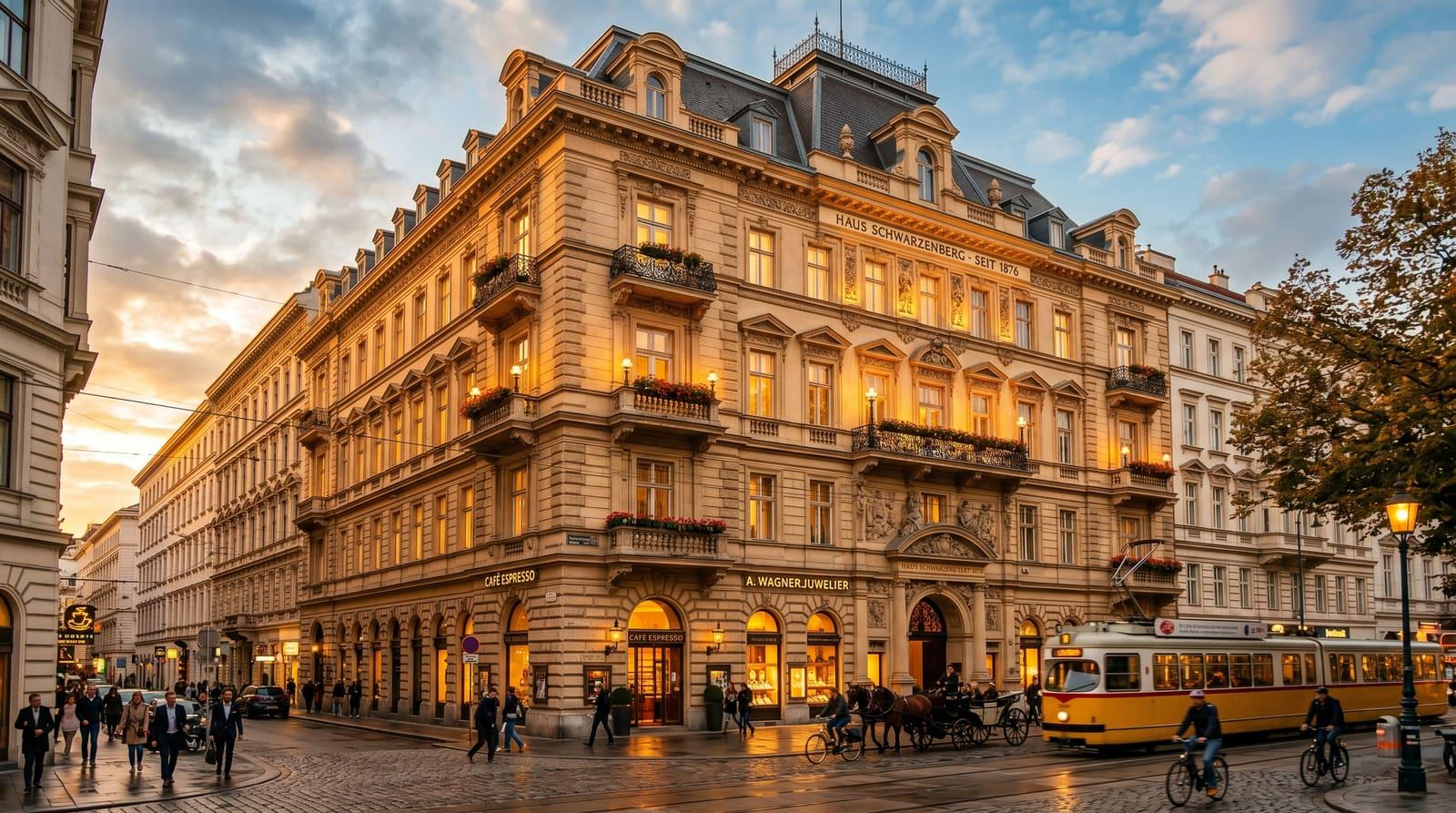 Elegantes Altbau-Mehrfamilienhaus in München in der goldenen Stunde, Sinnbild für den Sachwert als Schutz vor Inflation