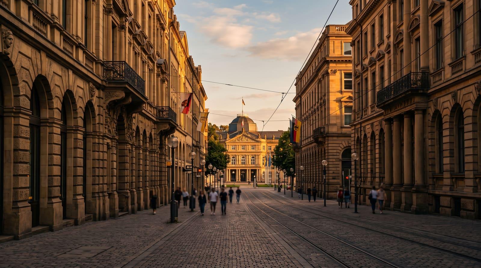Historische Sandsteinfassaden entlang der Stuttgarter Königstraße mit Blick auf das Neue Schloss in der goldenen Stunde, Sinnbild für die Kreditprüfung von Selbstständigen