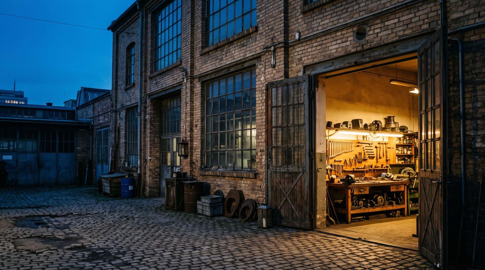Hinterhof eines alten Stuttgarter Handwerksbetriebs in Bad Cannstatt in der blauen Stunde, Sinnbild für den selbstständigen Mittelstand vor der Bankprüfung