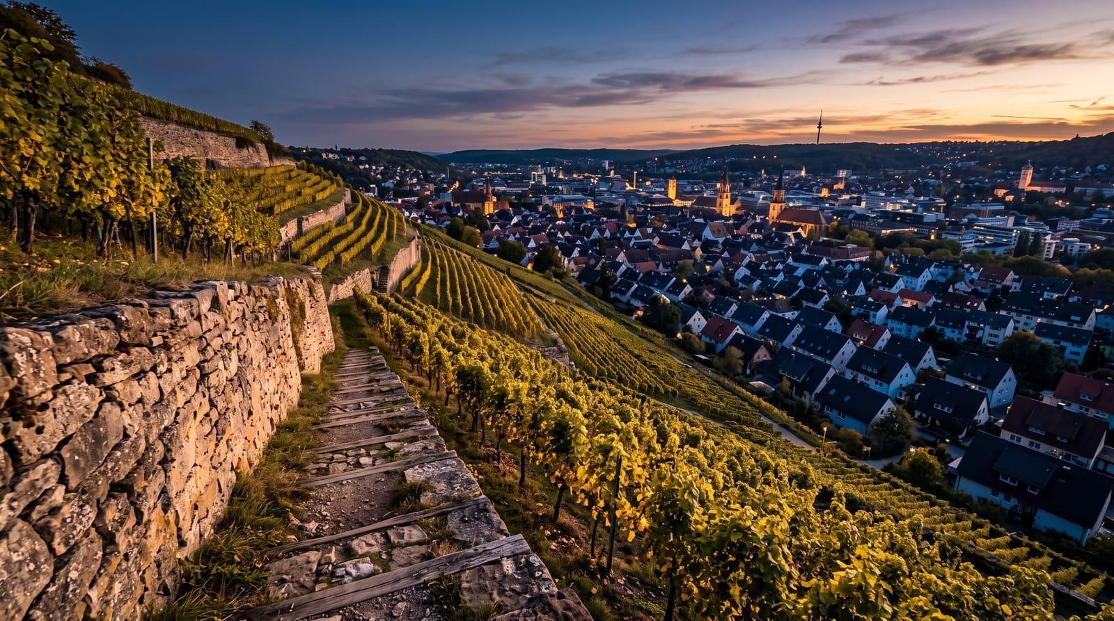 Terrassierte Weinberge über den Wohnhäusern am Stuttgarter Hang im Abendlicht als Sinnbild für langfristigen Vermögensaufbau mit einer vermieteten Wohnung