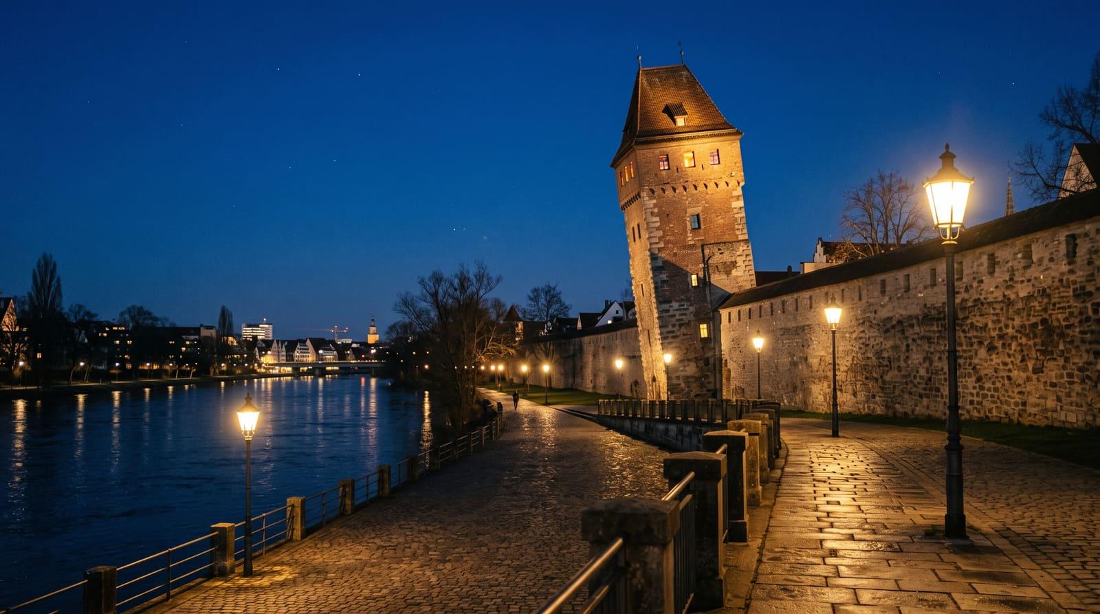 Der schiefe Metzgerturm an der Ulmer Stadtmauer am Donauufer in der blauen Stunde als Sinnbild für einen Immobilienkauf in der falschen Reihenfolge