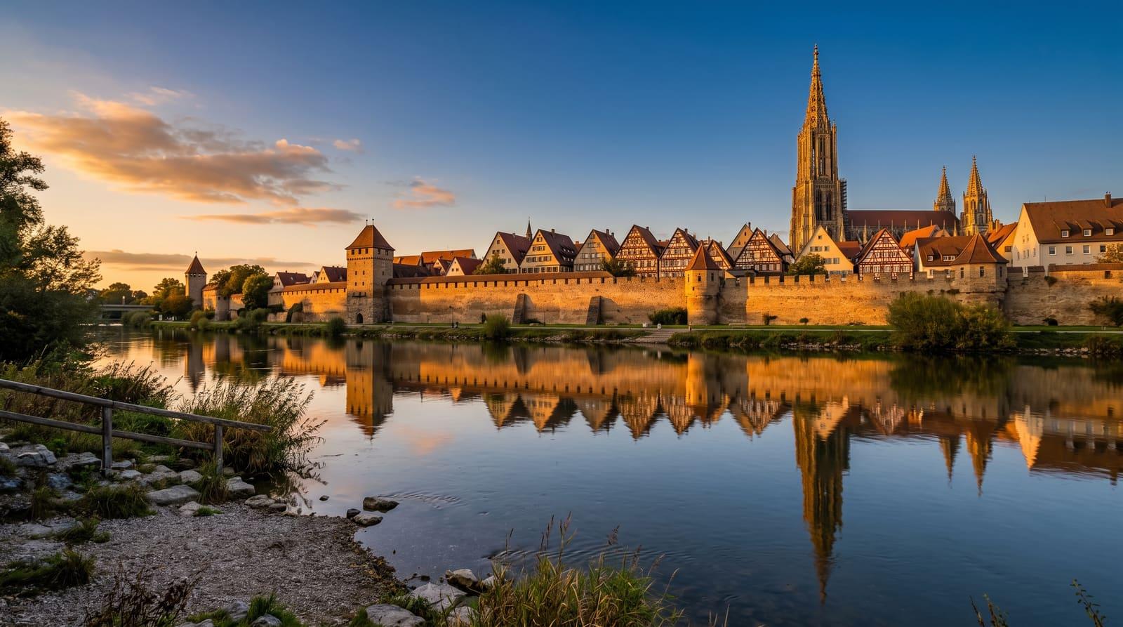 Blick über die Donau auf die Ulmer Stadtmauer und das Münster in der goldenen Stunde als Sinnbild für den ersten Schritt zur eigenen Kapitalanlage