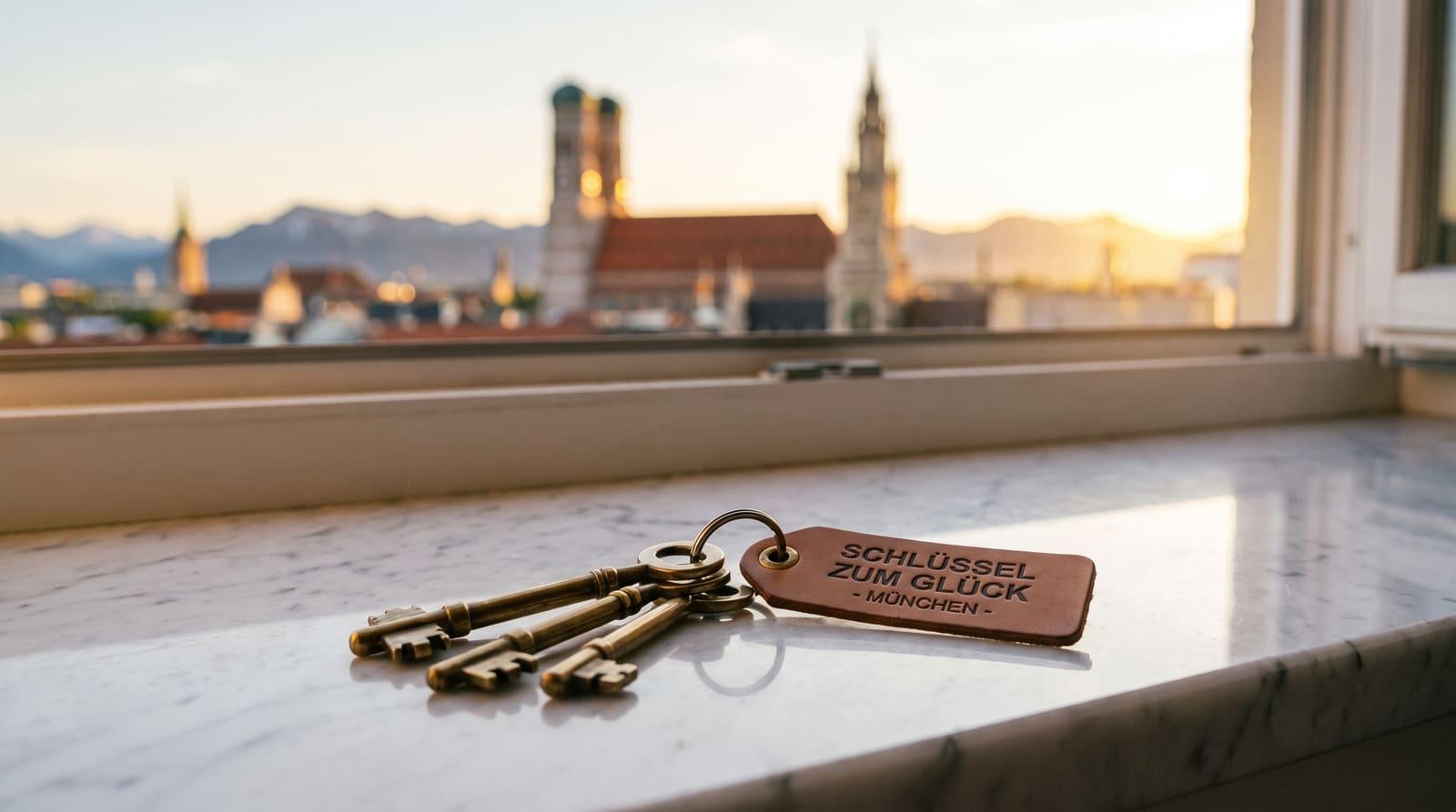 Schlüssel einer neuen Wohnung auf einer Marmorfläche vor der unscharfen Skyline von München in der goldenen Stunde
