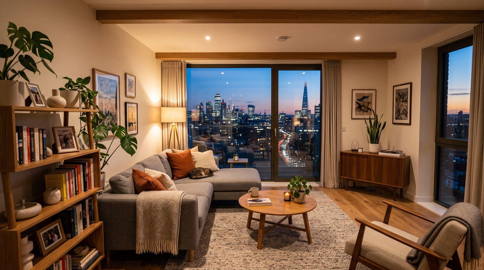 Helle moderne Wohnung im warmen Abendlicht mit Blick auf die Stadt als Sinnbild für die erreichbare erste eigene Immobilie