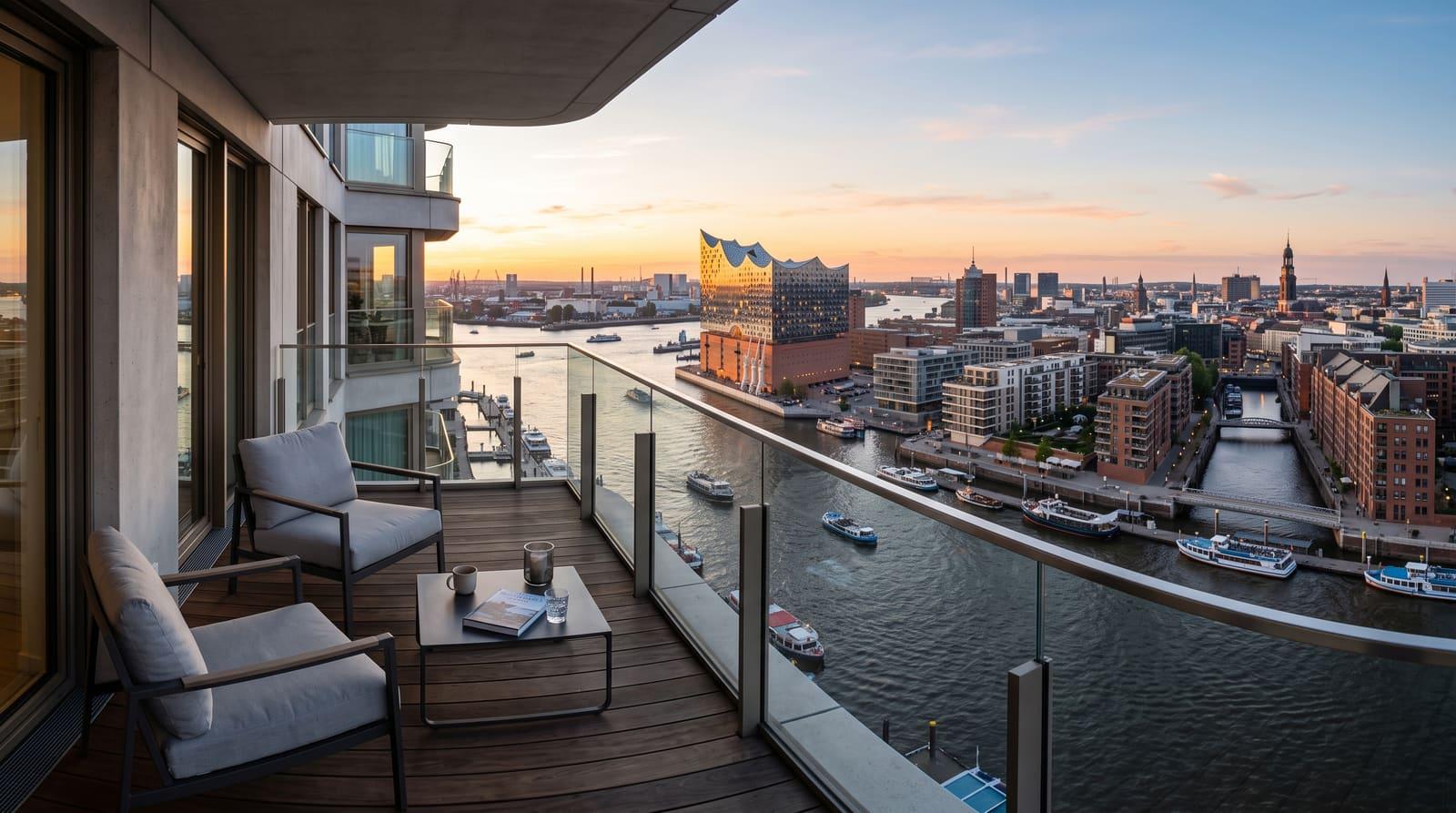 Hochwertige Eigentumswohnung mit Blick über Hamburg in der goldenen Stunde als Sinnbild für erreichbare Kaufkraft