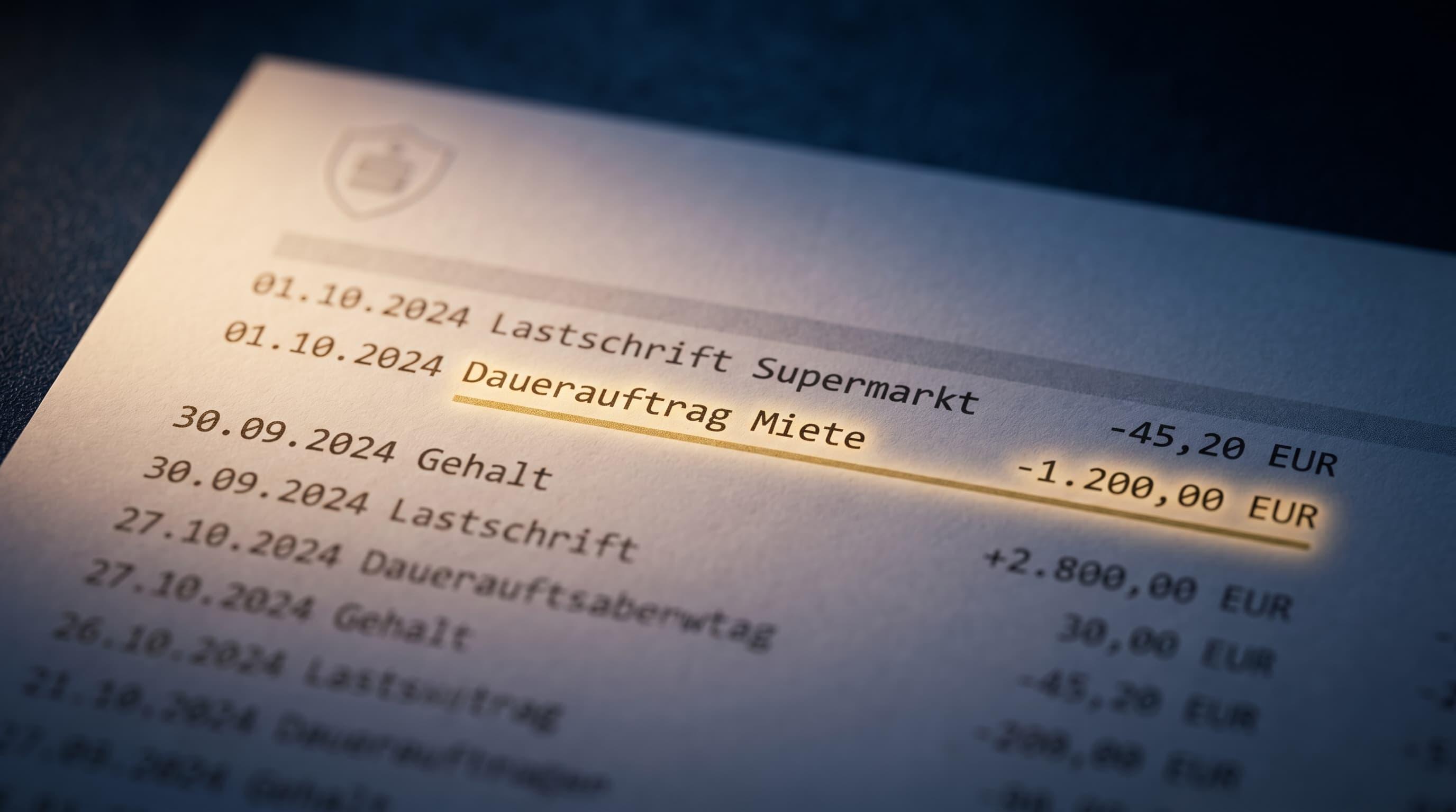 Bankkontoauszug mit monatlicher Mietzahlung von 1.200 Euro – sinnbildlich für 144.000 Euro Miete in zehn Jahren