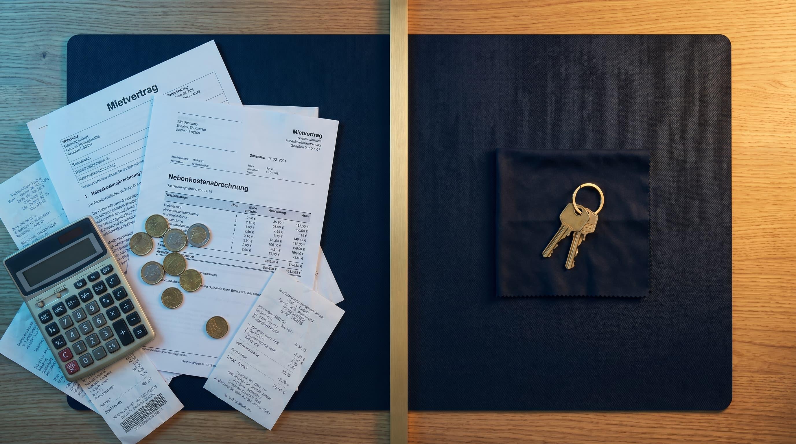 Tisch von oben: links Mietrechnungen und Taschenrechner, rechts Hausschlüssel – die Entscheidung zwischen Mieten und Kaufen