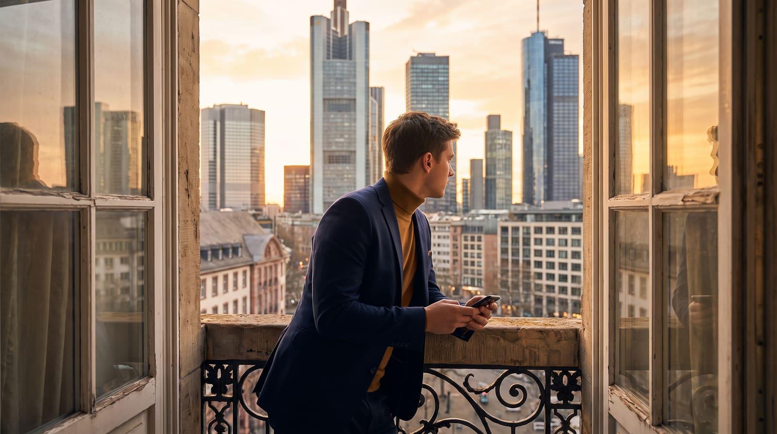 Selbstbewusster junger Berufstätiger auf dem Balkon einer hochwertigen Wohnung mit Blick auf die Frankfurter Bankenskyline in der goldenen Stunde, das Smartphone in der Hand – Sinnbild für den einsehbaren SCHUFA Score 2026