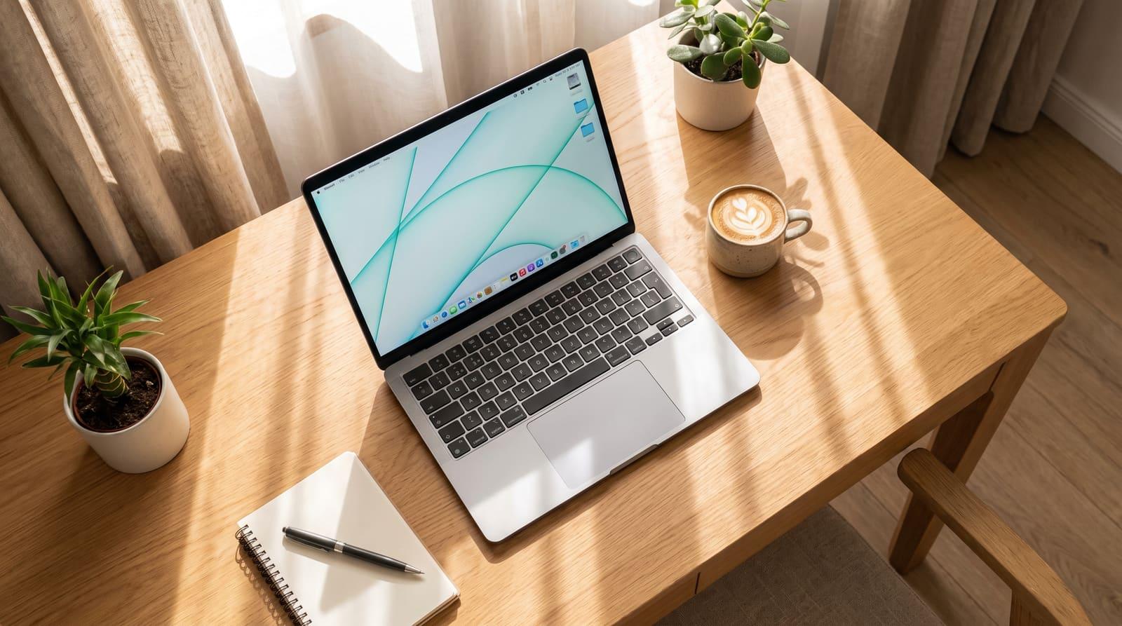Ruhiger Arbeitsplatz in einer hochwertigen Wohnung mit Laptop und Kaffee im Morgenlicht als Sinnbild für die Prüfung der eigenen Kreditwürdigkeit